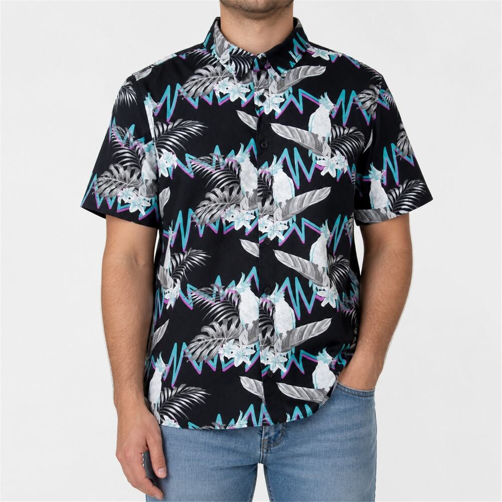 Neff Shirt Mens Medium Black Tropical Cockatoo Floral 80s Retro Button Up Casual
